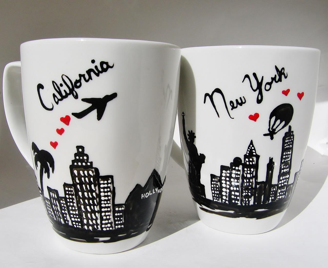 California And York Skyline Ceramic Coffee Mugs Set Of 2 - Mothers Day Gift